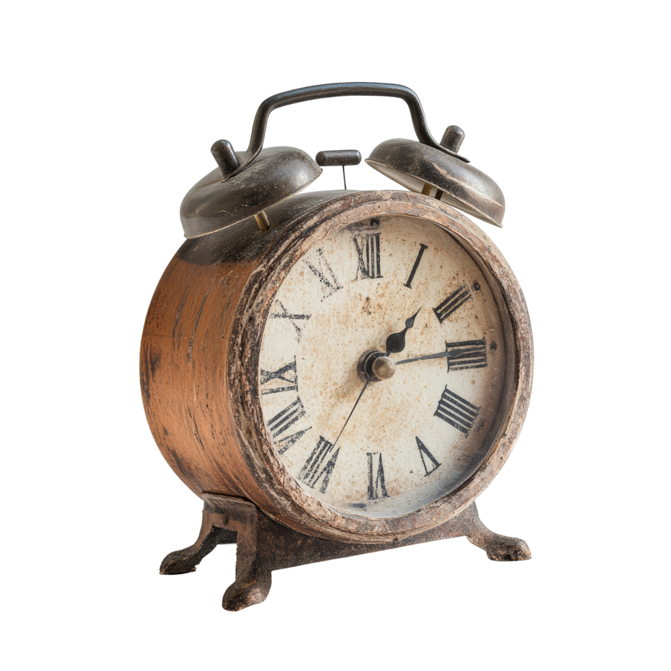 Vintage table alarm clock with a weathered face and oldfashioned bells isolated against a transparent background, vintage table alarm clock, file of isolated object with shadow on transparent png