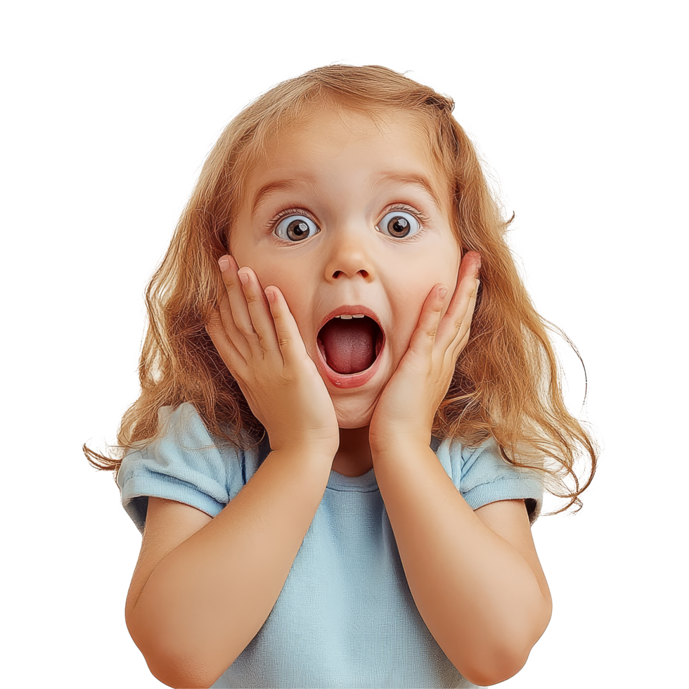 Joyful girl expressing surprise with hands on her cheeks against a plain transparent background, surprised joyful girl kid, file of isolated object on transparent background png