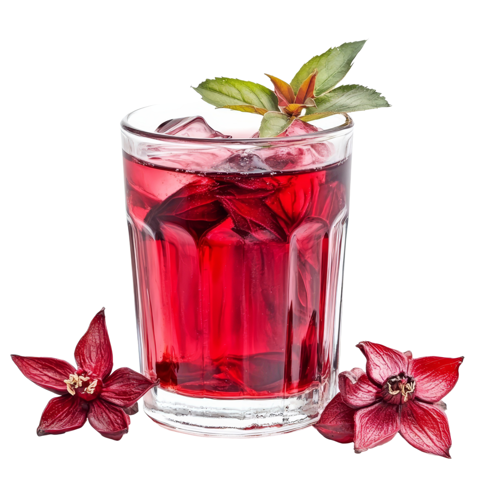 Refreshing roselle flower juice served over ice in a clear glass with fresh petals nearby, roselle flower juice in glass with ice isolated on transparent background png