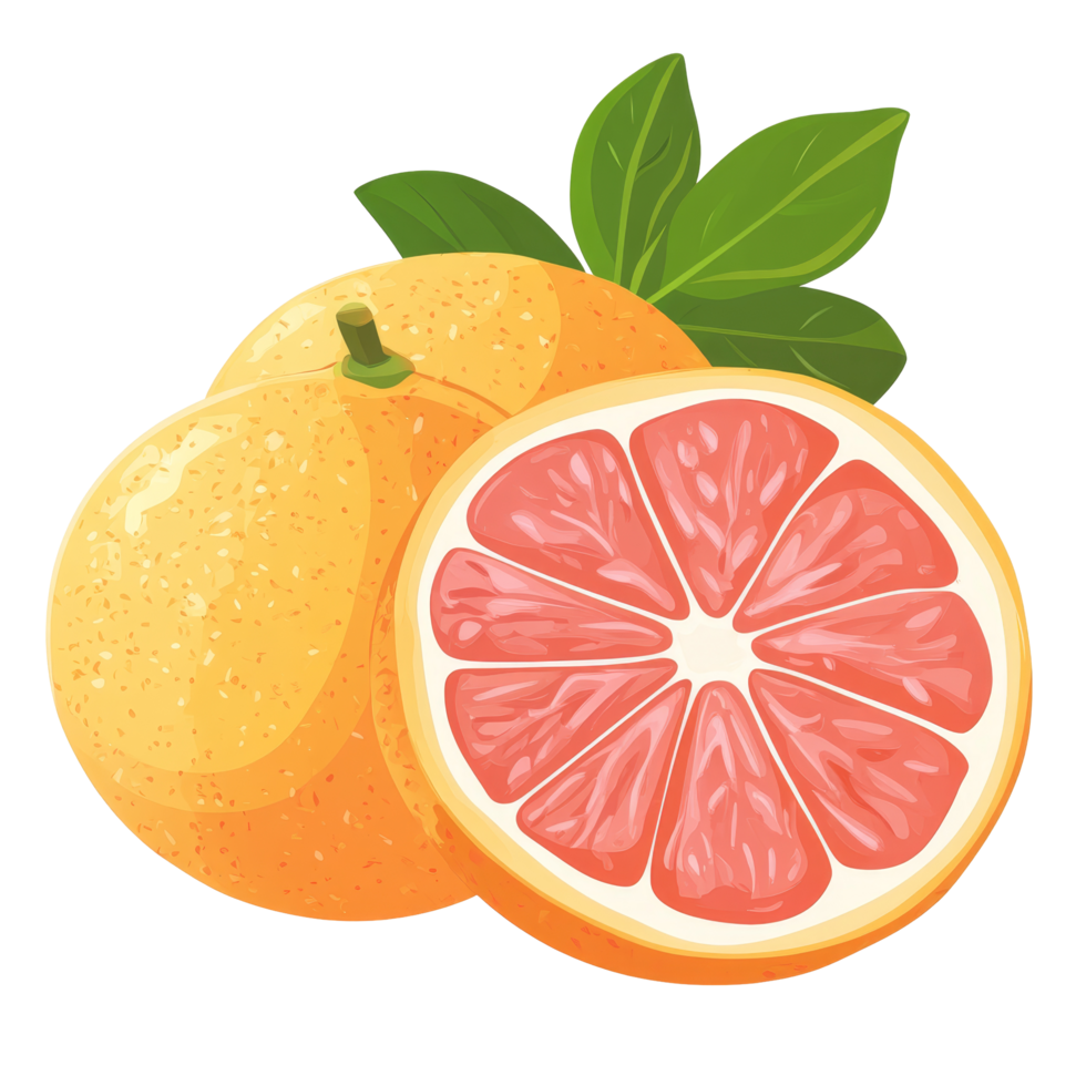 Fresh grapefruit with green leaves displayed on a clean transparent background, Fresh grapefruit fruit. Grapefruit isolated on transparent background png