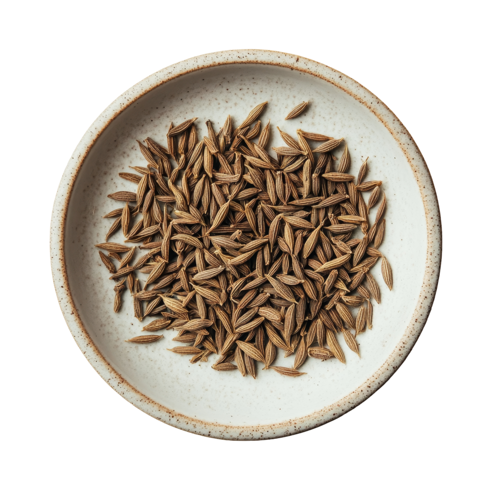 Cumin seeds displayed in a decorative plate set against a clean, transparent background, highlighting their natural texture and color, cumin seeds in plate on transparent background png