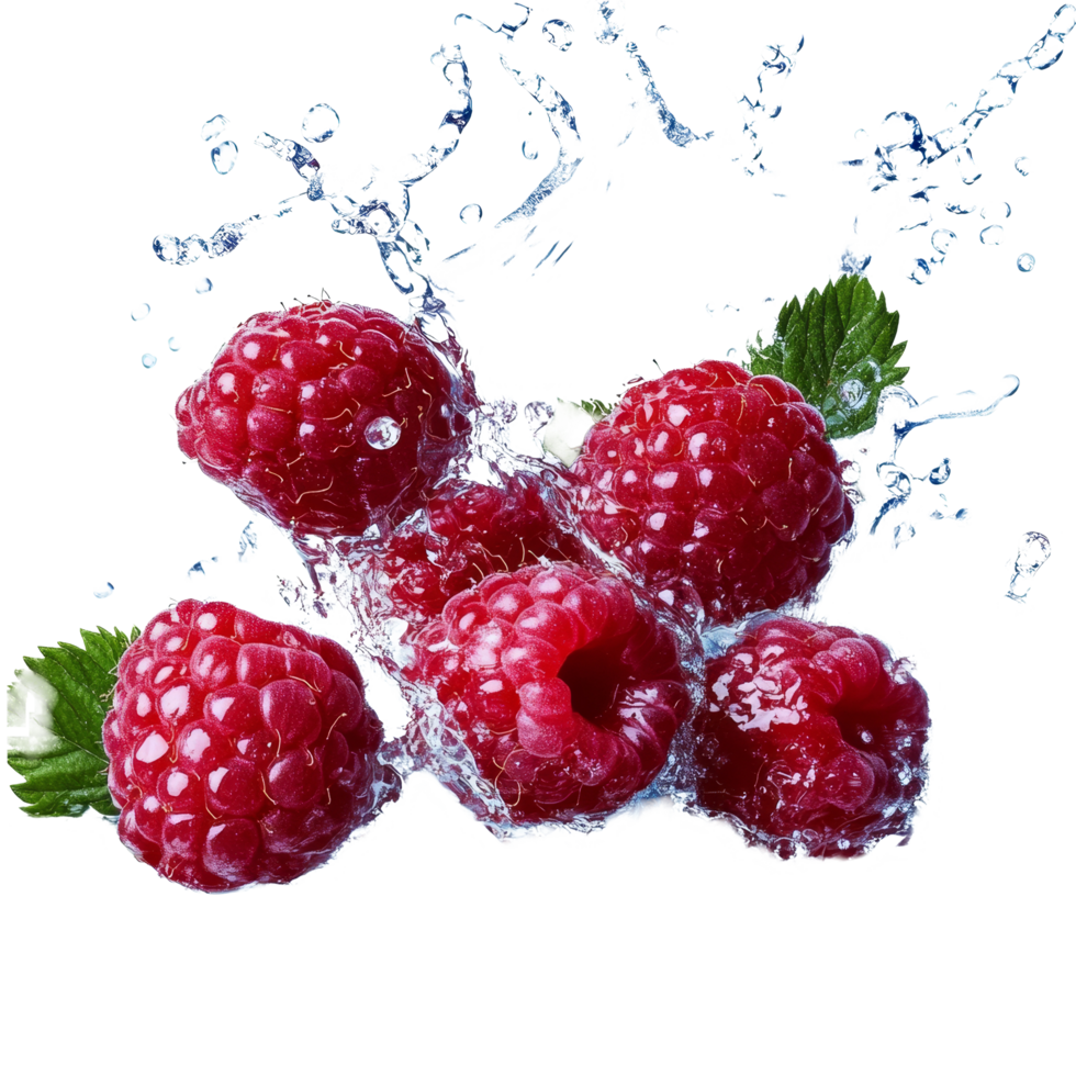 Fresh raspberries splash dramatically into water creating lively droplets on a transparent background, raspberries splashing into waterisolated on transparent background png