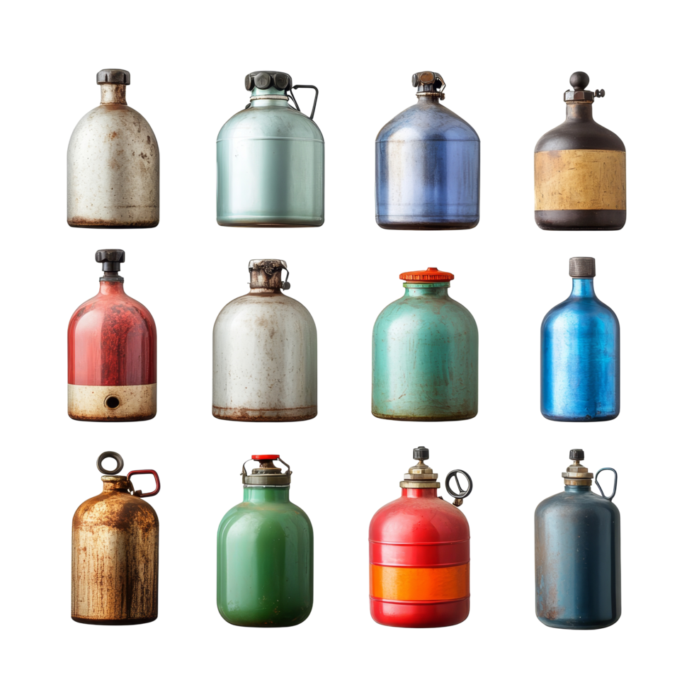 Colorful gas collection bottles displayed on a transparent background in various styles, bottle of gas on transparent background png