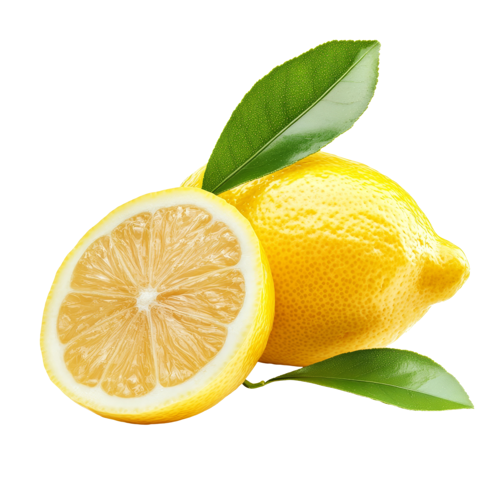 Fresh lemon fruit with green leaves on transparent background showcasing its vibrant color and juicy interior, lemon fruit with leaf isolated on transparent background png
