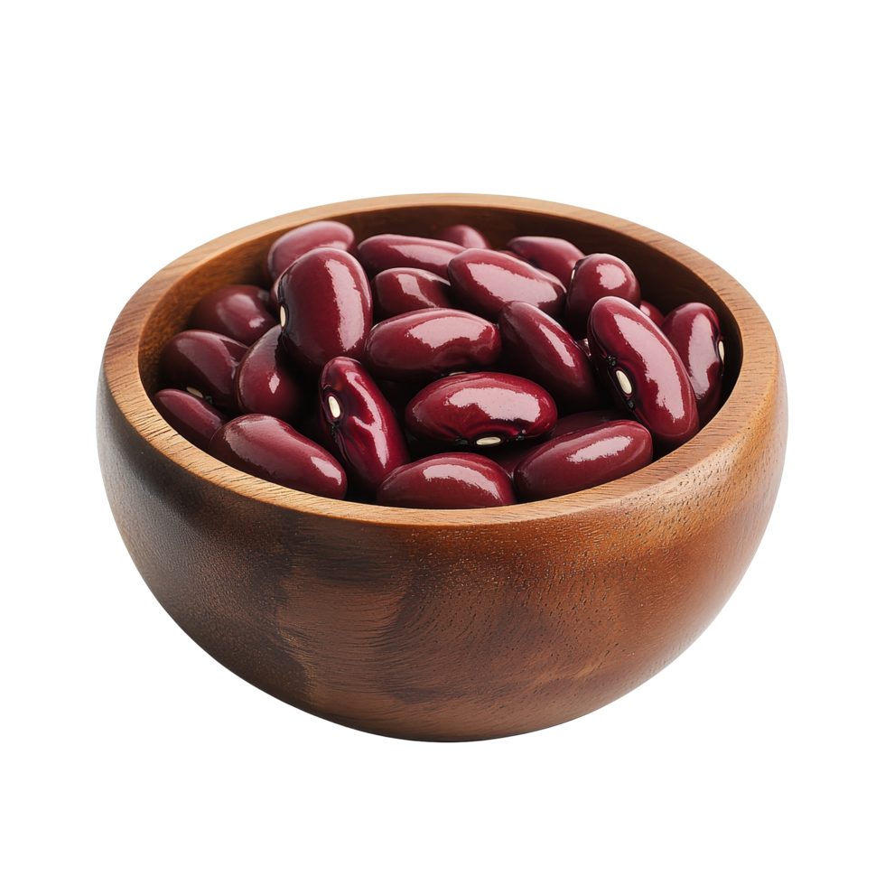 Fresh red beans in a wooden bowl isolated on a transparent background ready for cooking or baking, Red beans in wood bowl isolated on alpha layer png
