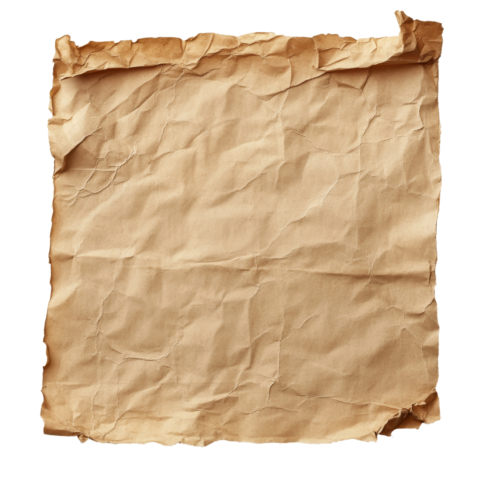 Crumpled brown sheet of paper placed on a plain transparent background for crafting or design projects, blank brown sheet of paper on transparent backgroundfile png