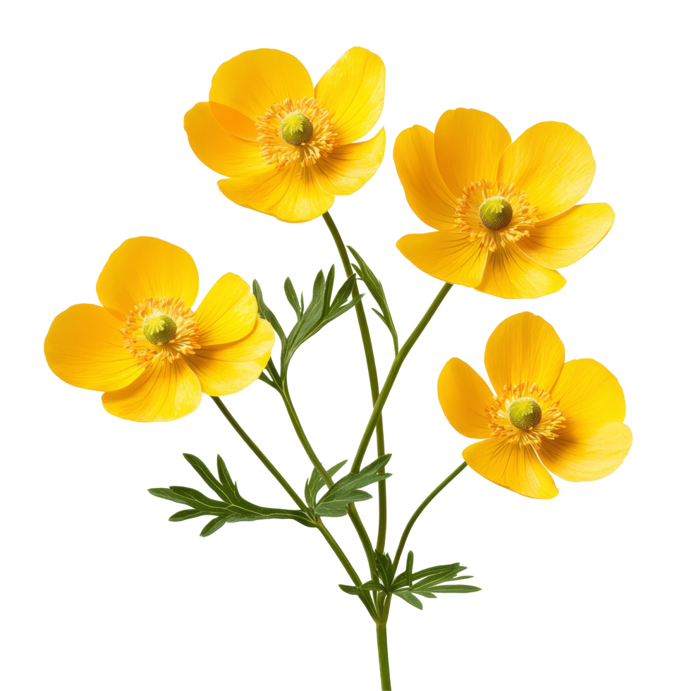 Delicate buttercup flowers in vibrant yellow hues set against a pure transparent background for a fresh, springtime feel, Buttercup flowers isolated on transparent background png