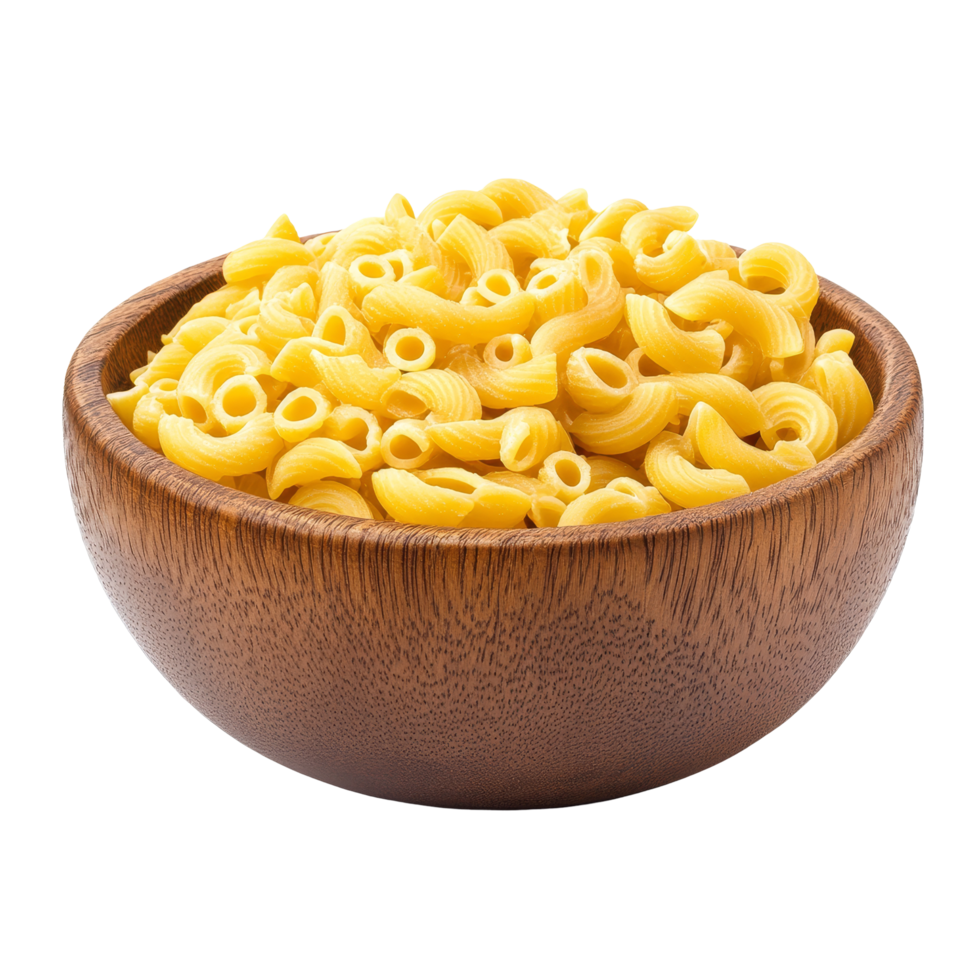 Close up of macaroni pasta in a wooden bowl, perfect for delicious recipes and culinary inspiration, macaroni pasta close up in wood bowl isolated on transparent background png