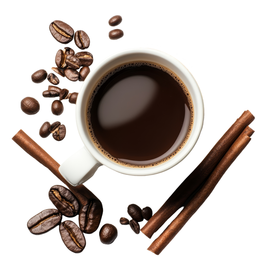 A steaming cup of coffee surrounded by coffee beans and cinnamon sticks on a bright transparent surface, Cup of hot coffee and other ingredients over transparent background png