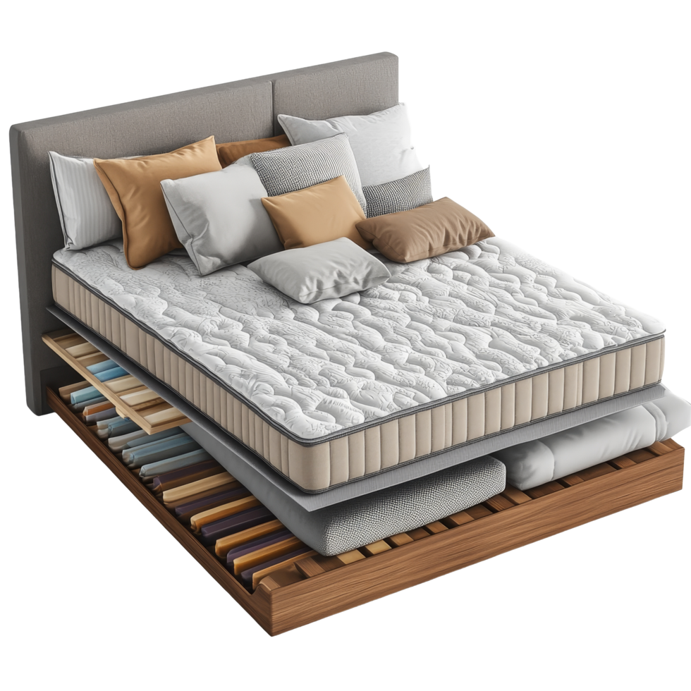 Stylish mattress section rendering showcasing layered components for modern bedroom design, Mattress section 3d rendering png