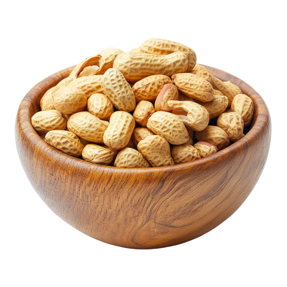 Roasted peanuts in a wooden bowl resting on a transparent surface, perfect for snacking or culinary use at any time, Roasted peanuts in wood bowl isolated on transparent background png