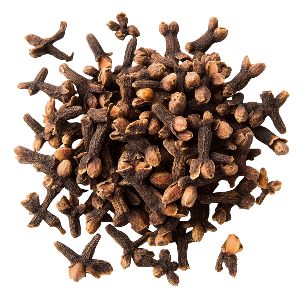 Dried cloves arranged on a transparent background showcasing their natural texture and distinct aroma for culinary use, Dry cloves on transparent background png