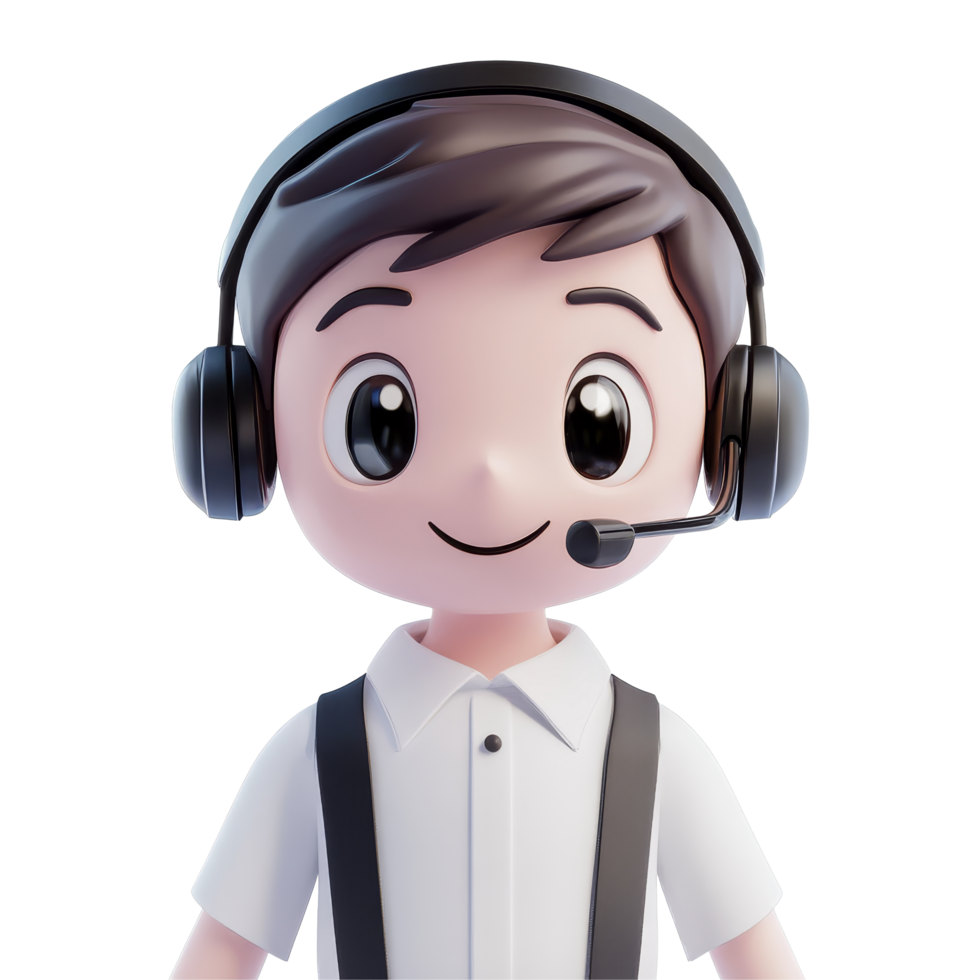 A cheerful character handling a call in a customer service center with a headset, 3D Character Handling Call in Call Centre On transparent background png