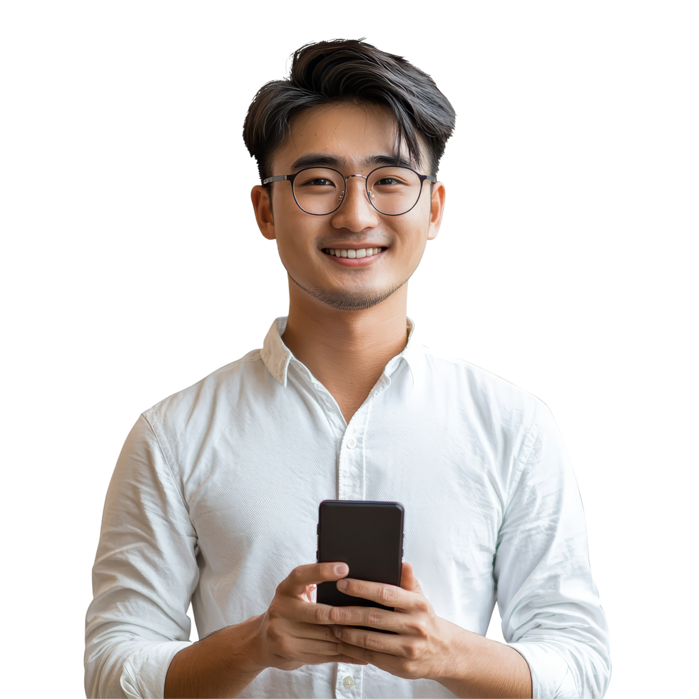 Smart young Asian man engaged in mobile communication while smiling warmly indoors, Attractive young smart Asian man using mobile smart phone transparent background png