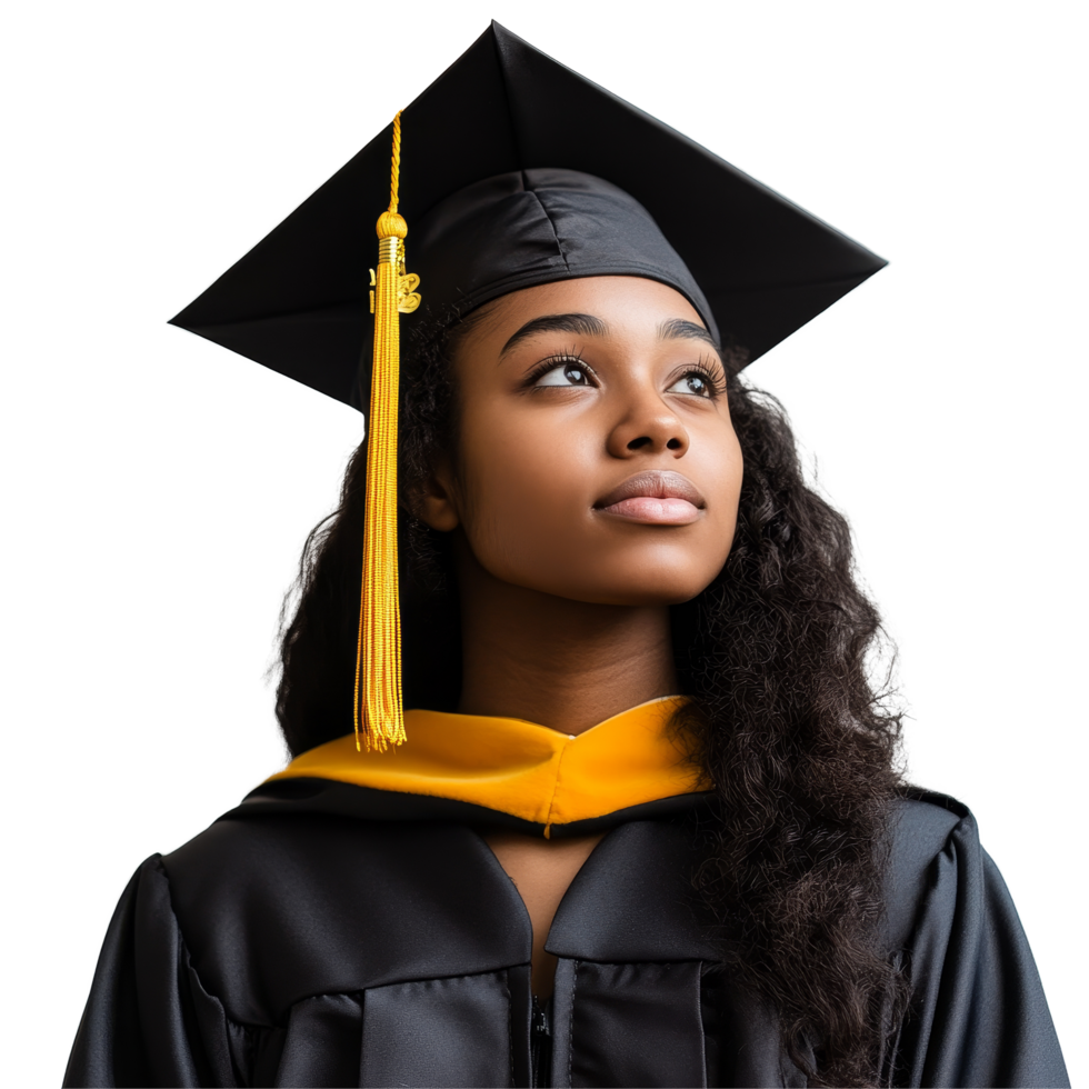 Confident Black female graduate in cap and gown, looking towards the future, Black Female Graduate in Cap and Gown on transparent background png