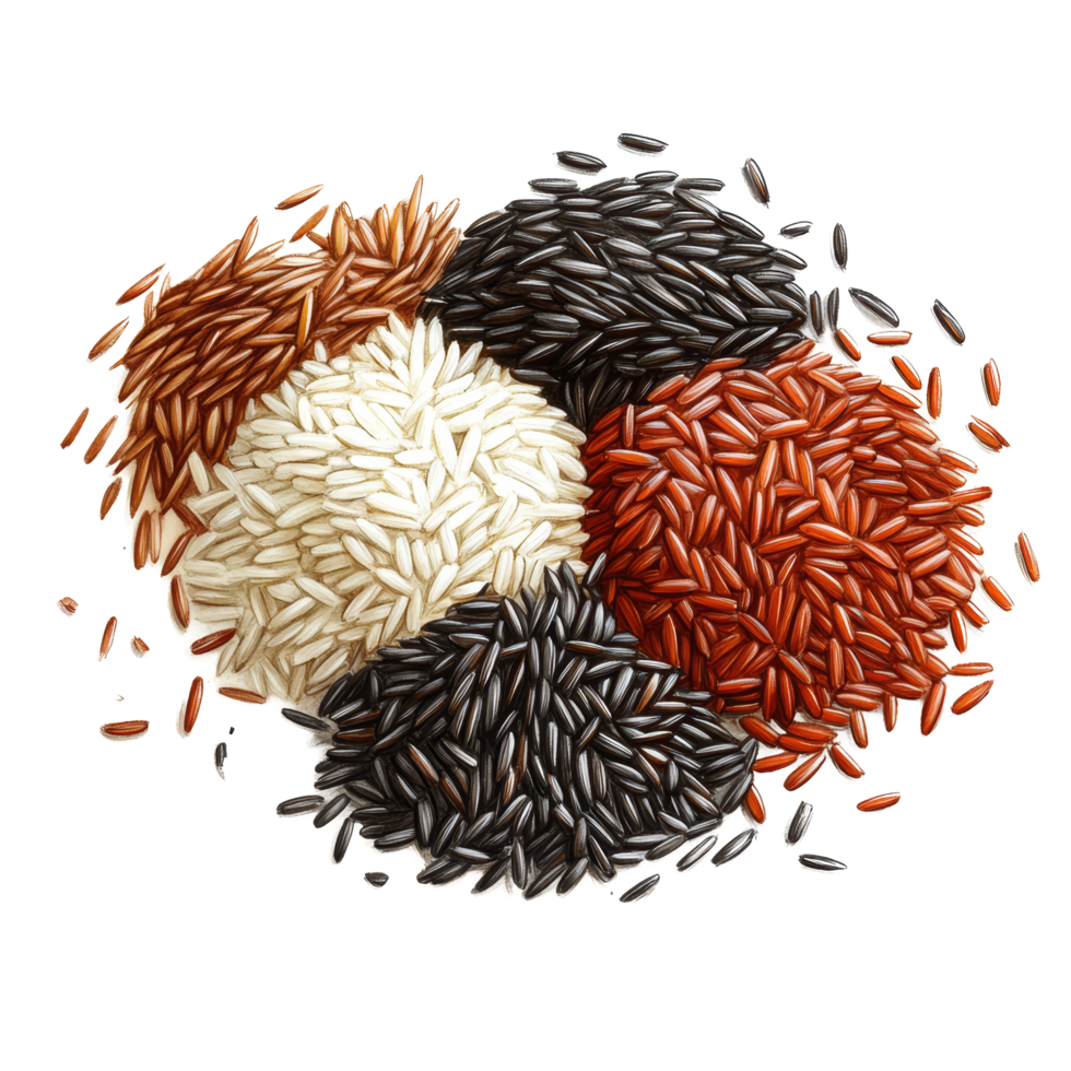 Organic red basmati rice, black wild rice, and other varieties arranged creatively on a transparent background, Organic red rice, basmati rice and black wild rice png