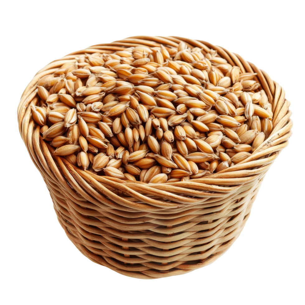 A woven basket filled with barley grains on a clean transparent background, Barley Grains in the basket on transparent background png