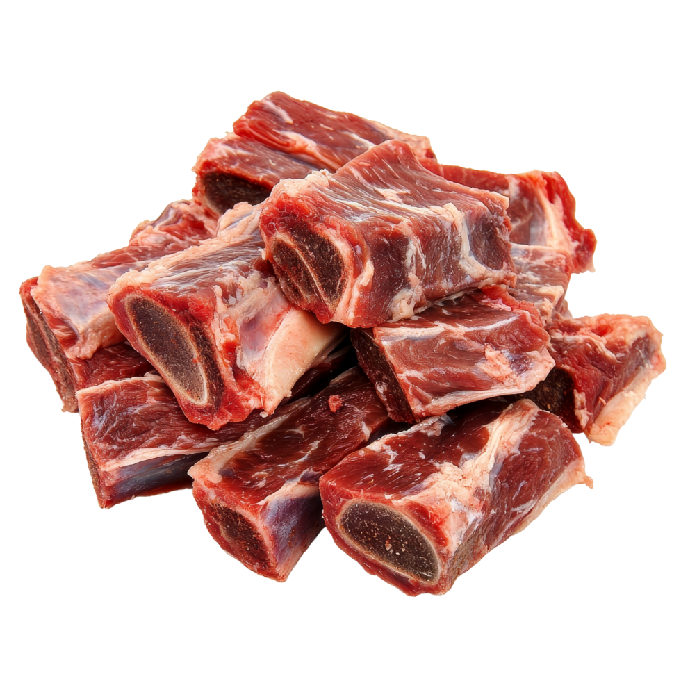 Fresh raw beef ribs cut into chunks for cooking or grilling at home, ideal for hearty meals, Isolated chopped fresh raw beef ribs meat png