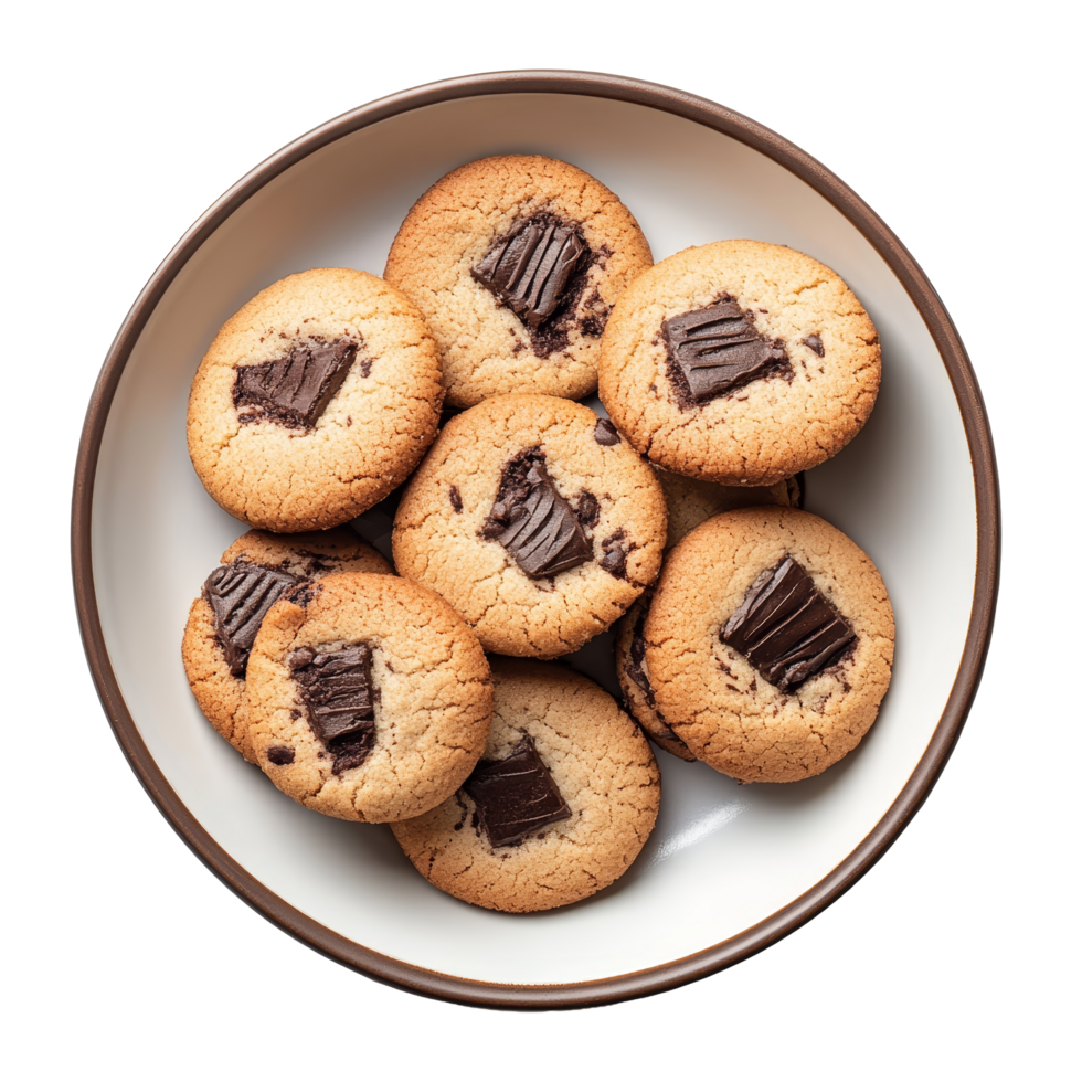 Delicious homemade chocolate chip cookies served in a cozy plate against a clean transparent background during afternoon tea, cookie in a plate isolated on transparent background png