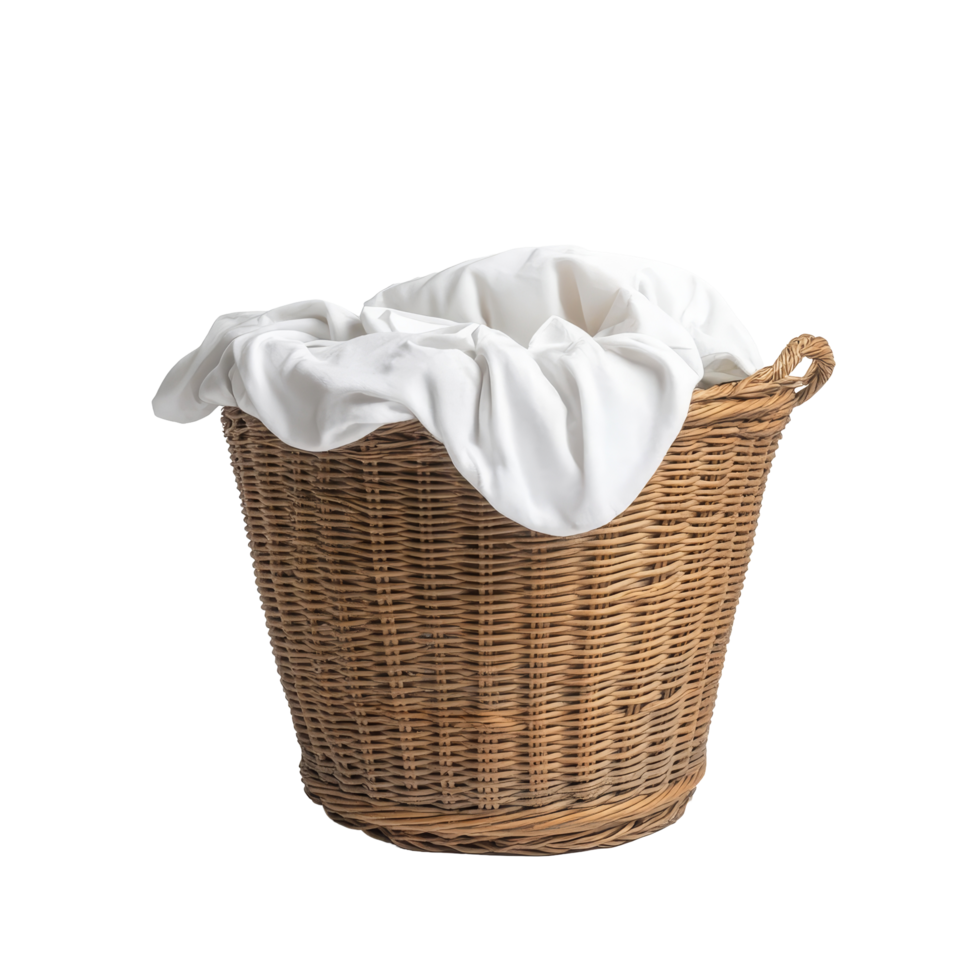 A wicker laundry basket filled with a transparent cloth on a clean transparent background for home organization, Wicker Laundry Basket with transparent Cloth on transparent background png