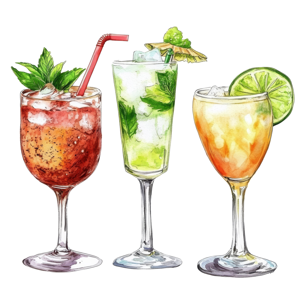 Three colorful cocktails featuring a colada, margarita, and mojito garnished with mint and lime, Titre Exotic Cocktail, Colada, Margarita, and Mojito on transparent background png
