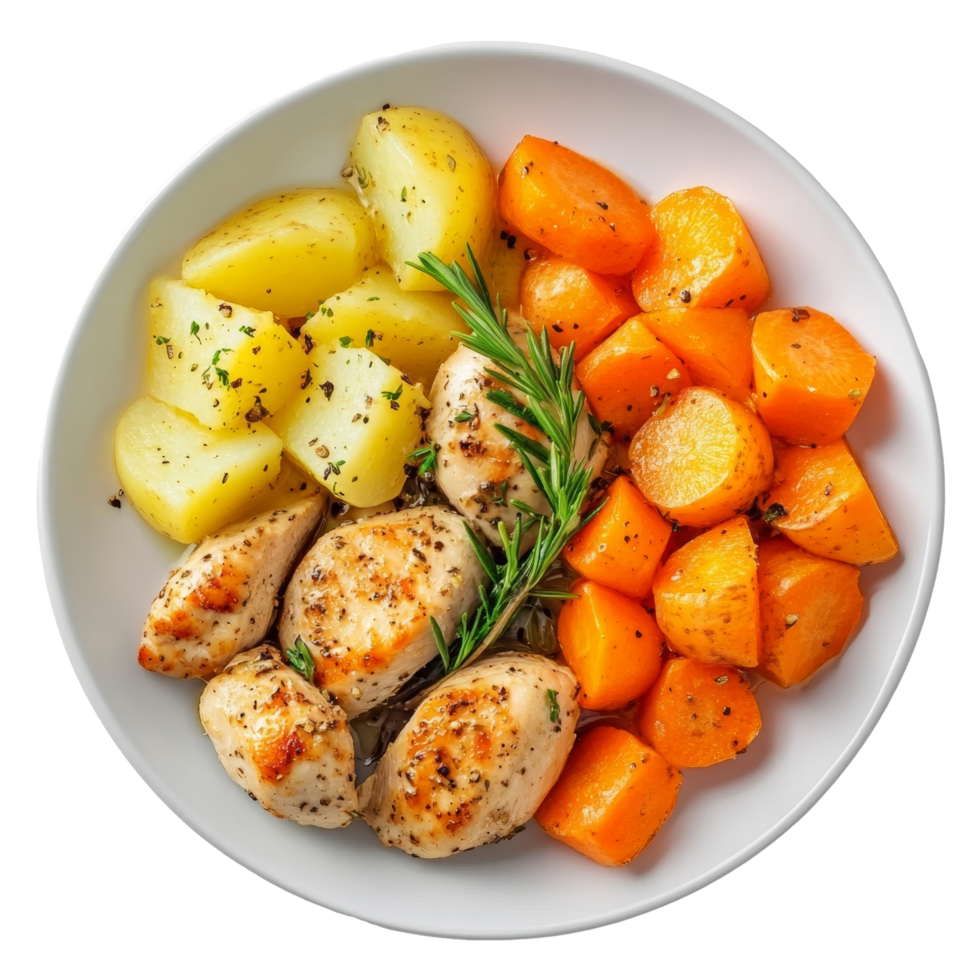 Delicious healthy meal featuring grilled chicken, roasted carrots, and potatoes on a transparent plate, Healthy meal with carrot, potatoes and chicken on transparent background png