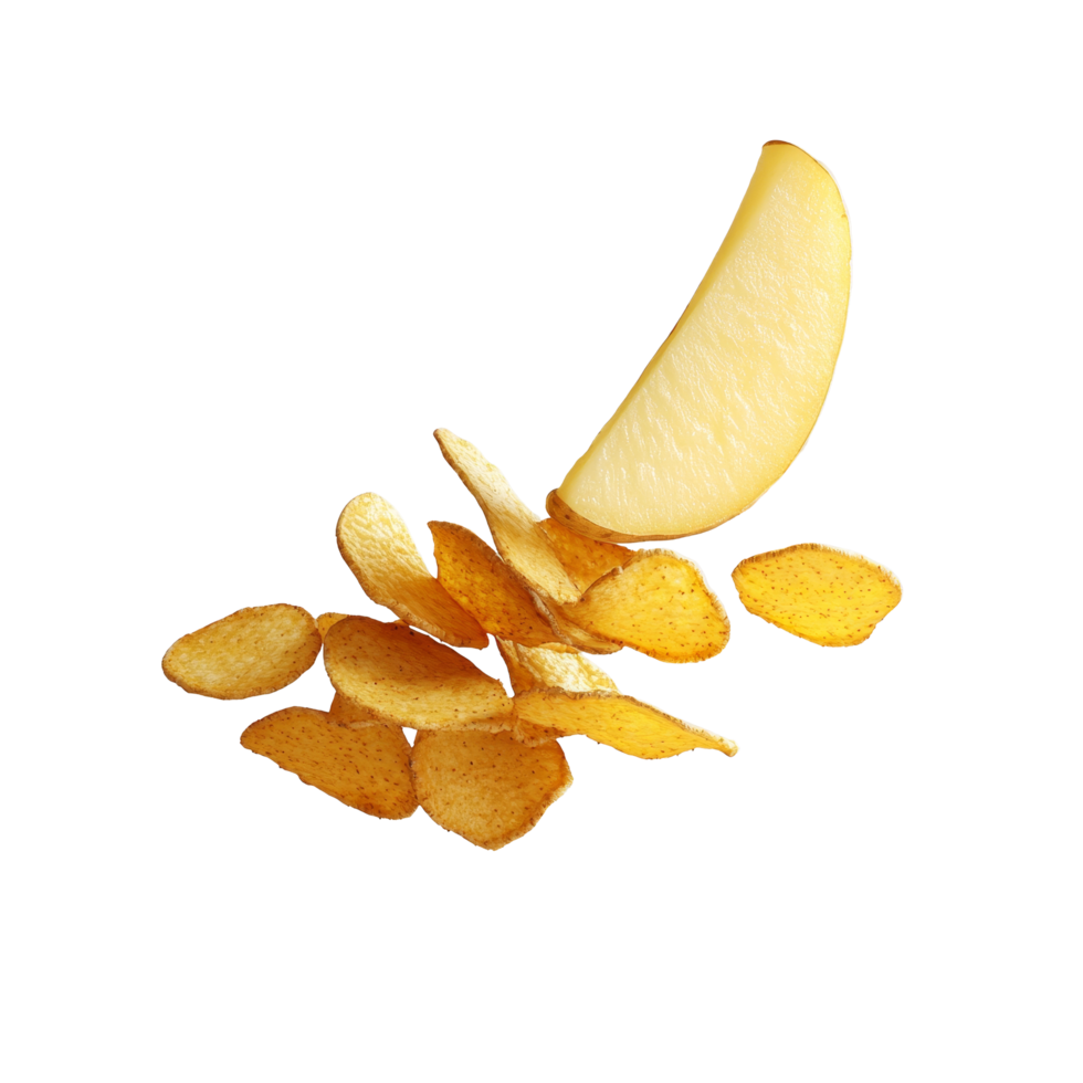 Flying potato slice over scattered potato chips isolated on a light background, Flying potato slice into potato chips isolated png