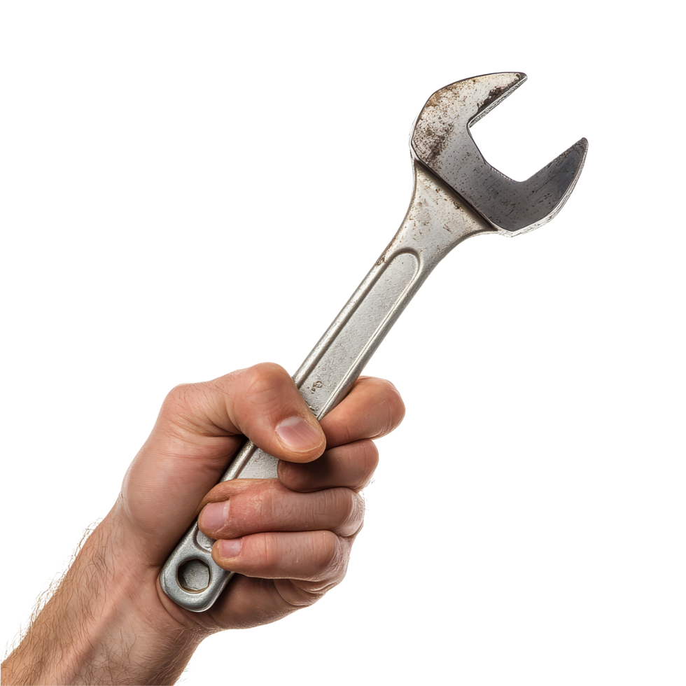Hand holding a wrench against a clean transparent background showcasing a tool used in maintenance and repair tasks, Hand Holding Wrench on transparent background png