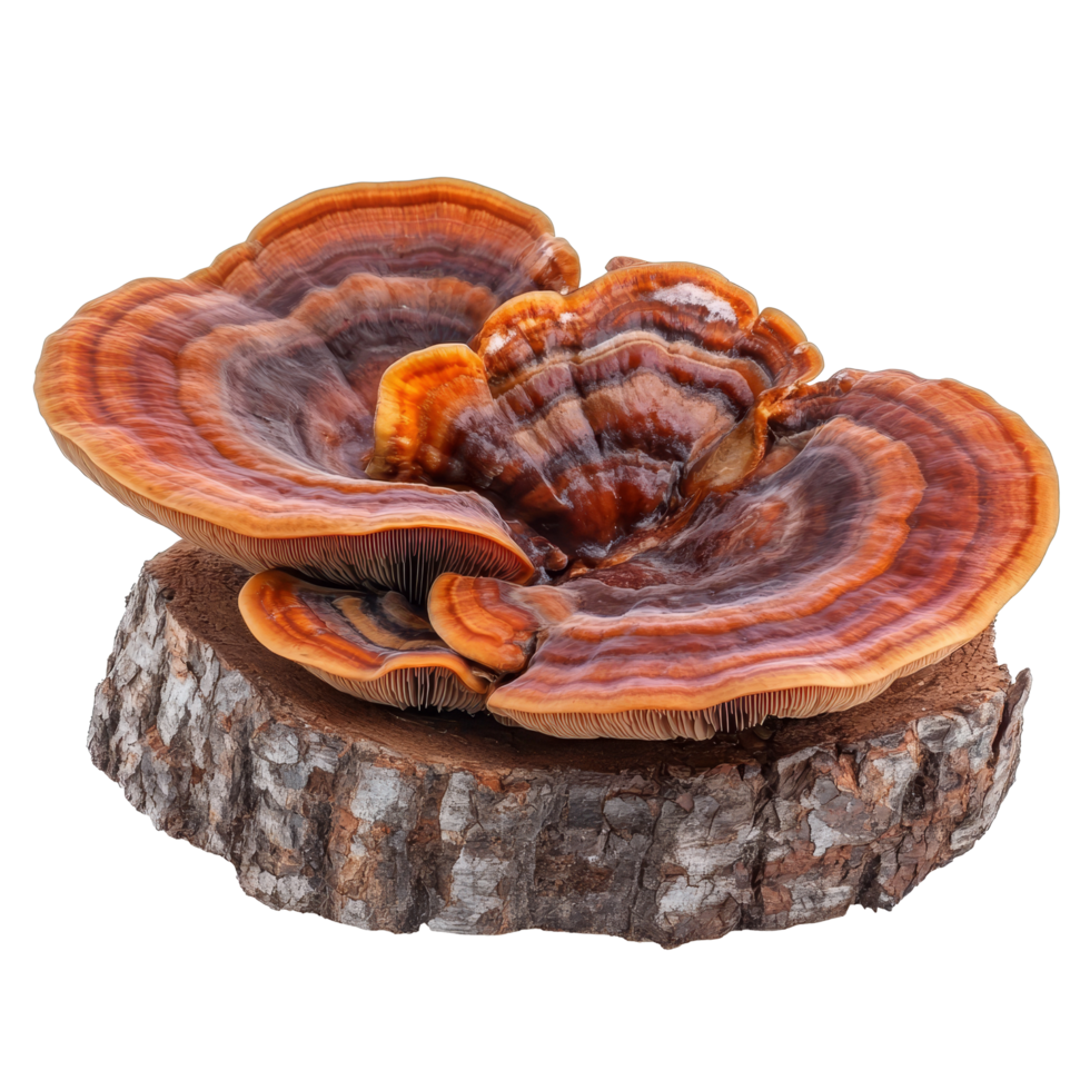 Reishi mushroom Ganoderma lucidum isolated on a transparent background showcasing its vibrant color and unique shape, reishi mushroomGanoderma lucidum isolated on transparent background png