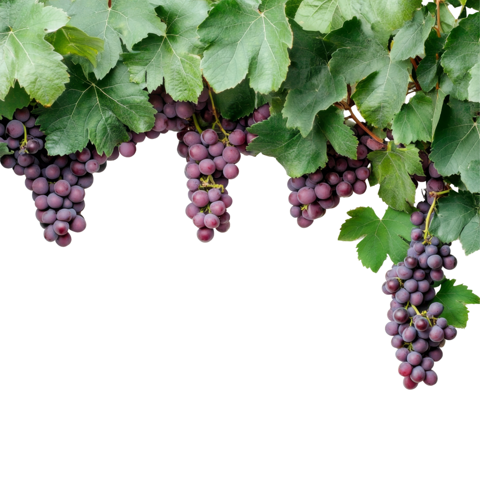 Purple grapes draped over soft transparent background with vibrant green leaves highlighting the fresh harvest, purple grapes branch and leaves hanging top transparent background png