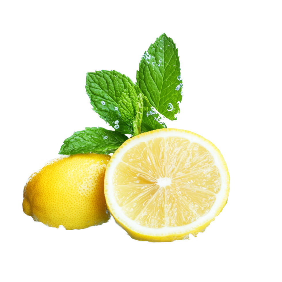 Fresh lemons and mint leaves splashing in clear water with vibrant droplets on a bright background, Lemon and fresh mint leaves splashing with water png