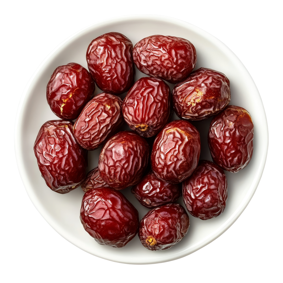 Dried red dates arranged on a transparent plate showcasing their rich color and texture, ideal for snacking and cooking, Dried red date or Chinese jujube in a plate isolated on transparent background png