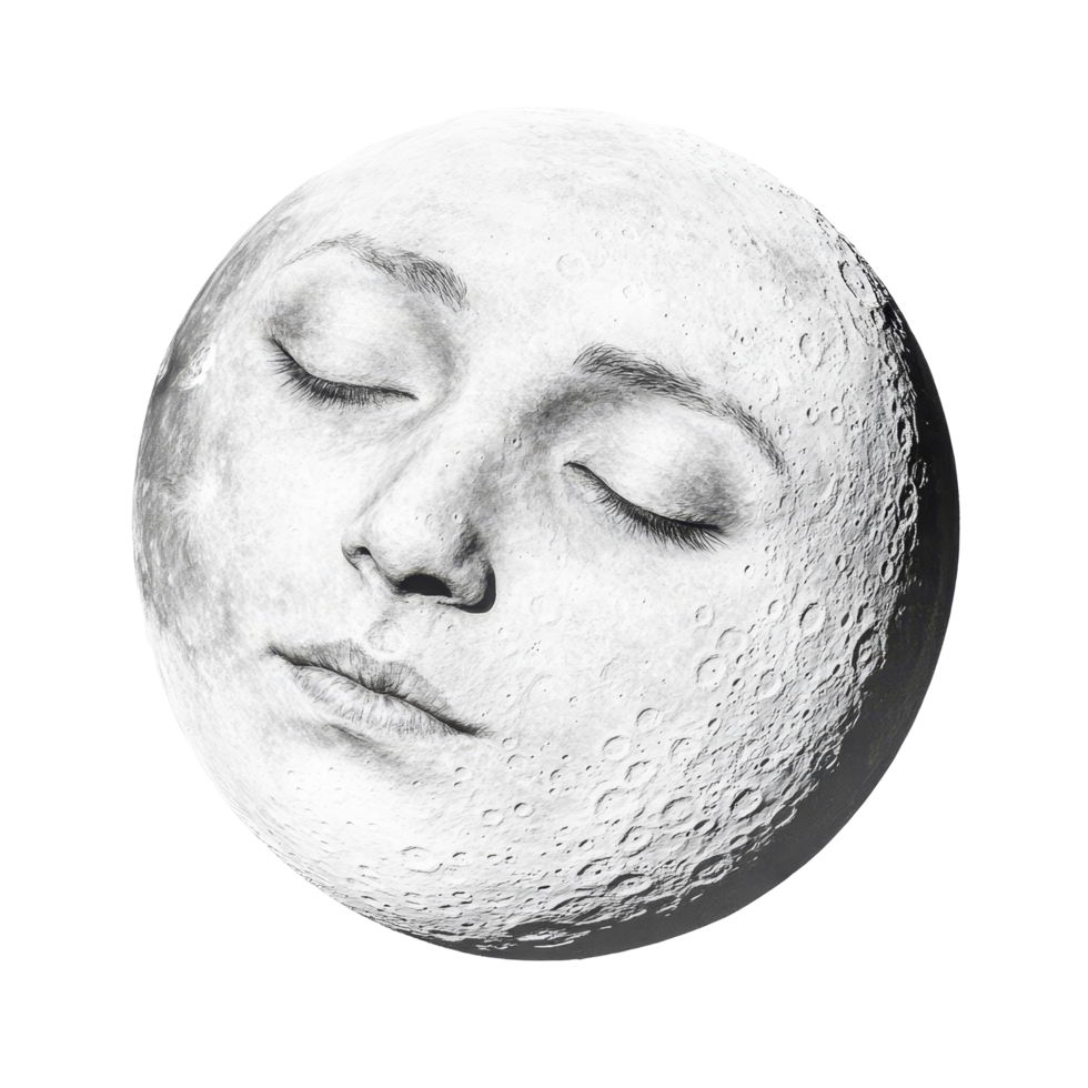 A serene full moon featuring a womans face against a transparent background, capturing tranquility and celestial beauty, Full Moon with Face on transparent background png