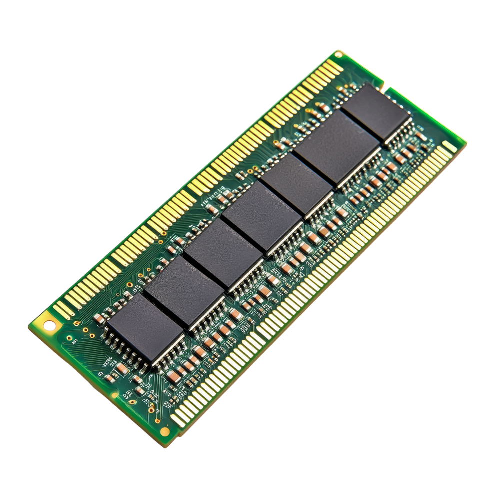 Computer memory storage module displayed on a transparent background for technology and electronics visual representation, computer memory storage on transparent backgroundfile png