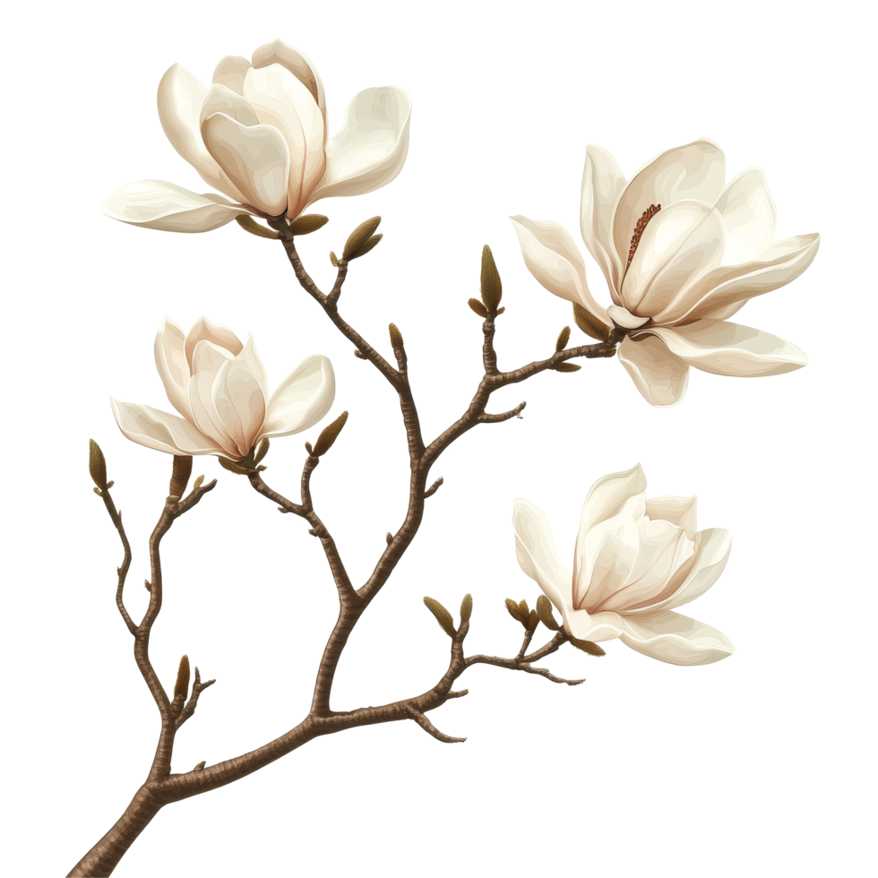 Delicate branch of transparent magnolia flowers captured on a clean transparent background, branch of magnolia flowersfile of isolated object on transparent background png