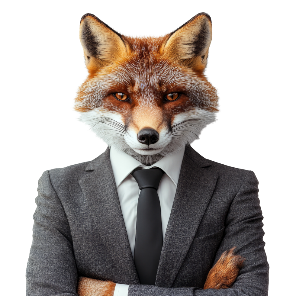 A clever fox dressed in business attire stands confidently against a transparent background ready for a corporate meeting, Fox wearing business attire on transparent background Smart strategy concept png