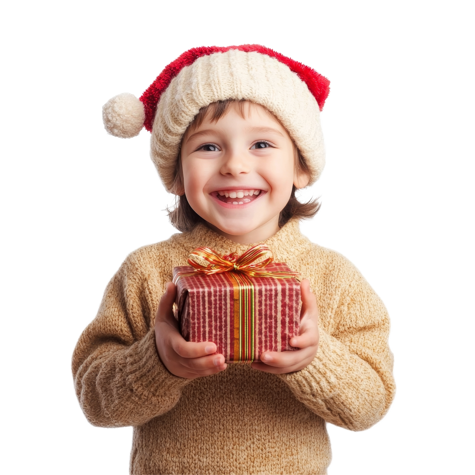 Joyful child wearing a festive hat holds a Christmas gift with a big smile against a transparent background, Happy child with christmas gift on transparent background png
