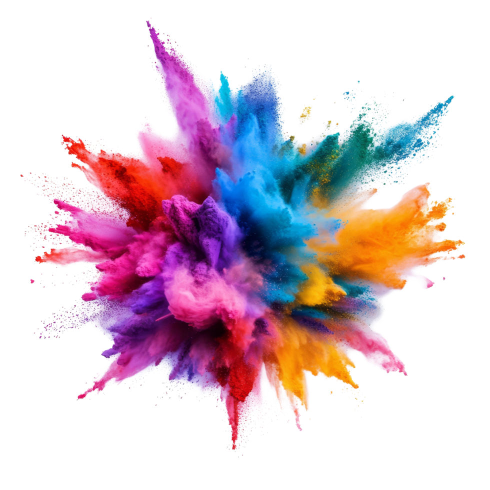 Colorful paint powder explosion on a transparent background creating a vibrant display of hues and shades in an artistic burst, colorful paint powder explosion isolated transparent background png