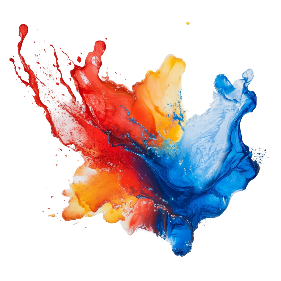 Vibrant abstract acrylic art with splashes of red, orange, and blue on a transparent background, acrylic glass frame on transparent background png
