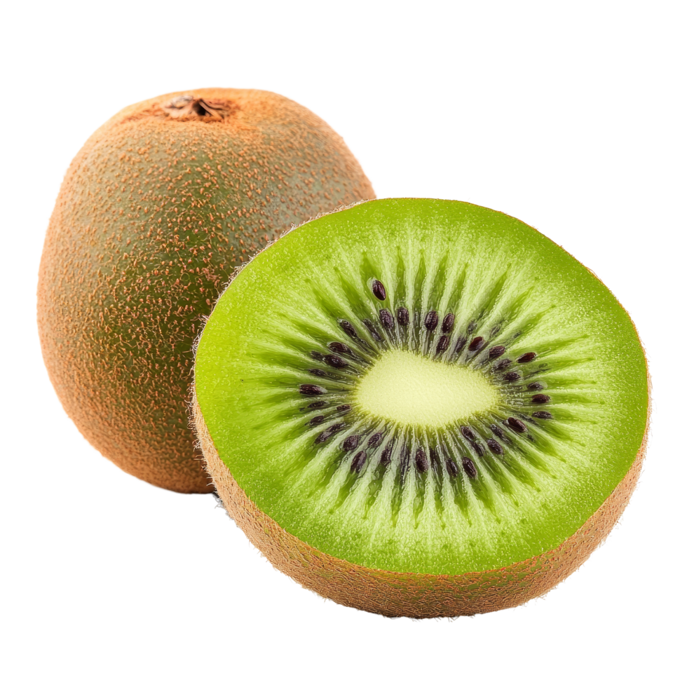 Fresh kiwi fruit on a bright transparent background highlighting its vibrant green interior and textured skin, kiwi fruit on transparent background png