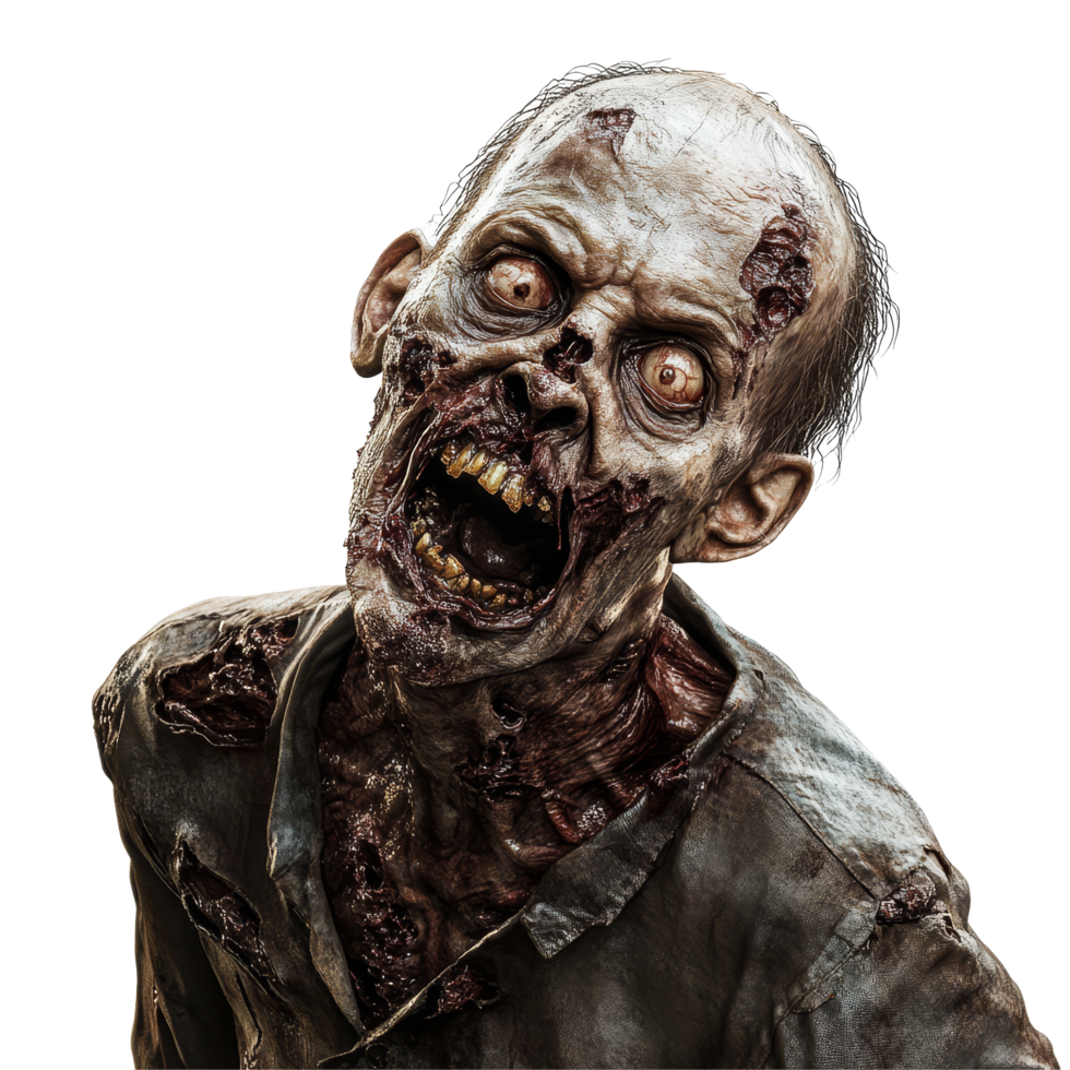 A terrifying zombie with a grotesque appearance and haunting expression on a stark transparent background, Scary Zombie on transparent background Frightening Horror png