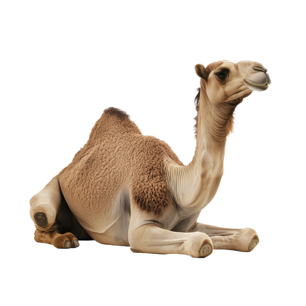 A calm camel resting comfortably on a transparent background in a tranquil setting showcasing its unique features, Sitting Camel on transparent background png