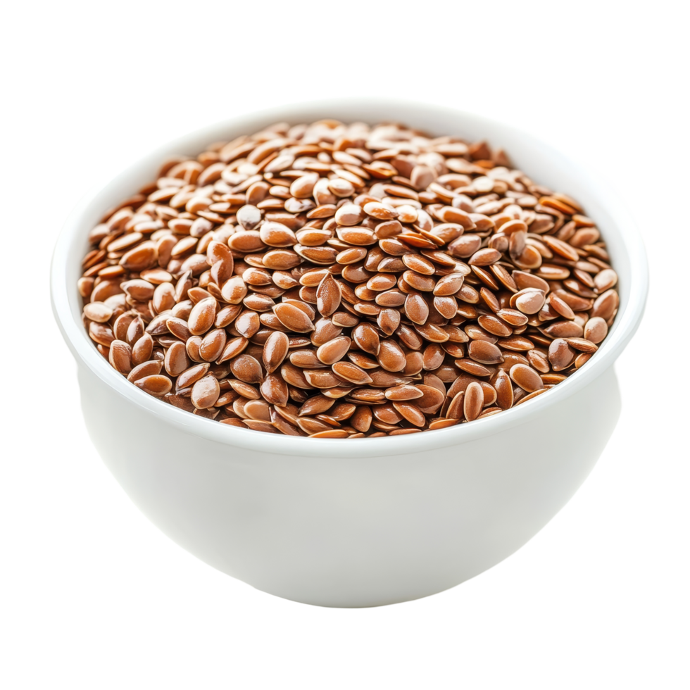 Flax seeds in a transparent bowl on a clean surface, showcasing their rich texture and natural hue, flax seeds in transparent bowl on transparent background png