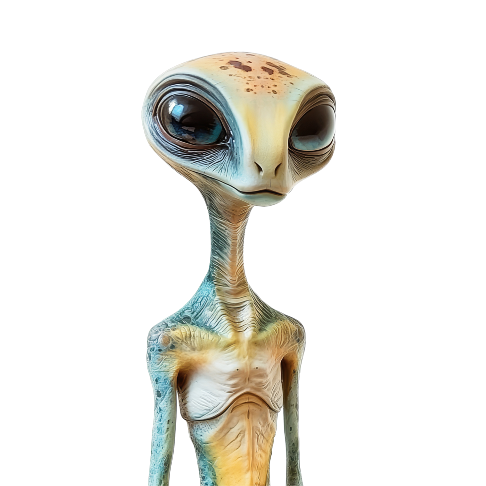 A unique extraterrestrial being with intricate features stands against a transparent background, Beautiful Alien Extraterrestrial Being on transparent background png