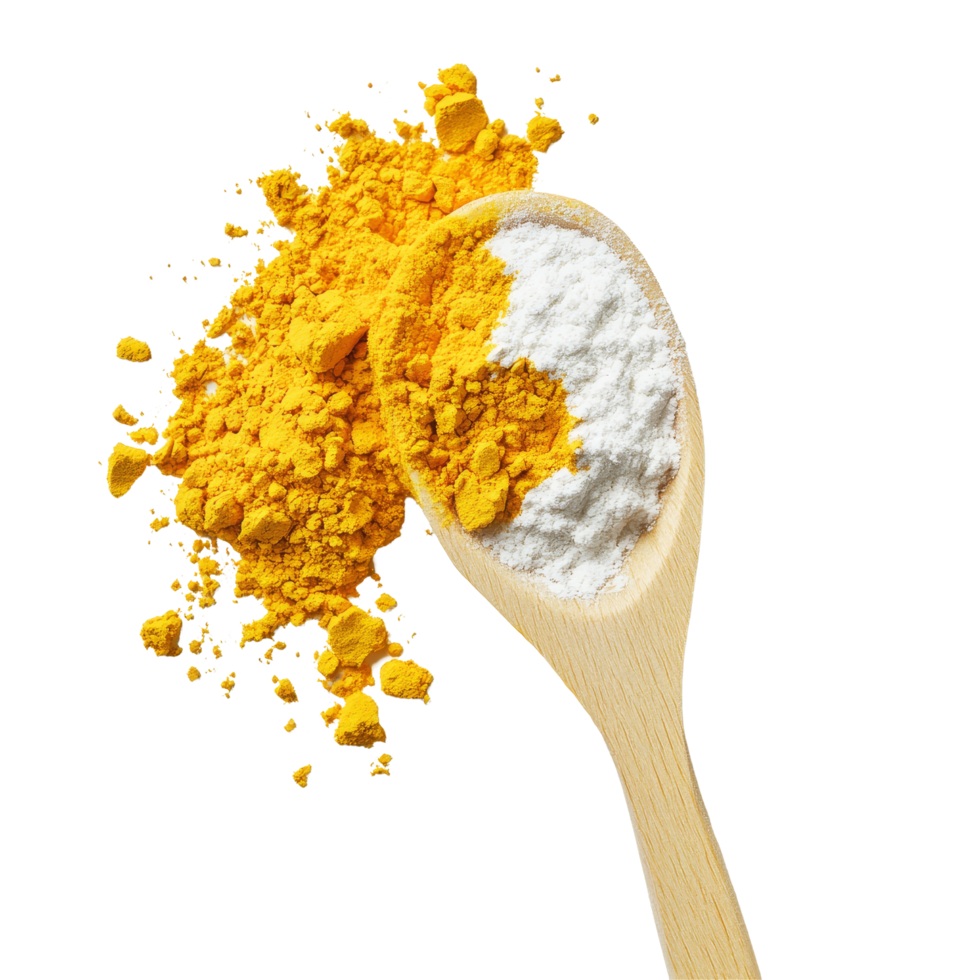 A wooden spoon holds transparentt turmeric powder alongside a mound of its yellow counterpart on a pristine transparent surface, transparentt urmeric on transparent background png