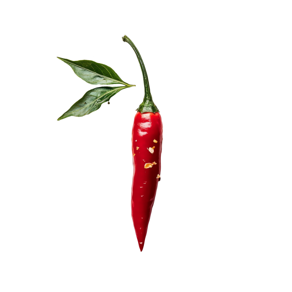 Fresh red chili pepper surrounded by dried flakes and green leaves on a bright transparent background, chili with leaf on transparent background png