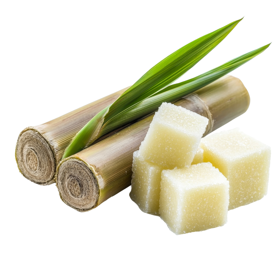 Two stalks of sugarcane with fresh leaves sit next to several sugar cubes, sugarcane and sugar cube on transparent background png