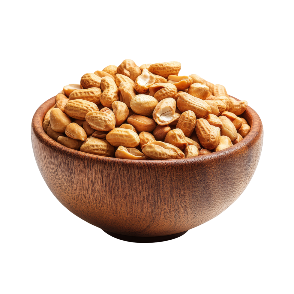 Roasted peanuts in a wooden bowl on a transparent background perfect for snacking or culinary use at any time, Roasted peanuts in wood bowl isolated on transparent background png
