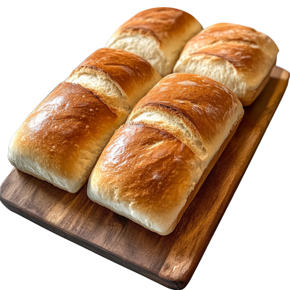 Freshly baked transparent bread loaves displayed on a wooden board in a welllit kitchen setting, three loafs of transparent bread on a board png