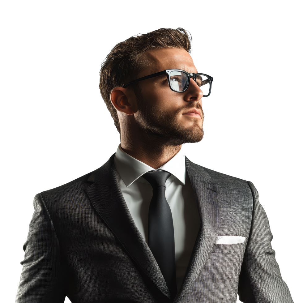 Confident businessman in a tailored suit with glasses poses against a bright transparent background, Business man isolated on transparent background png